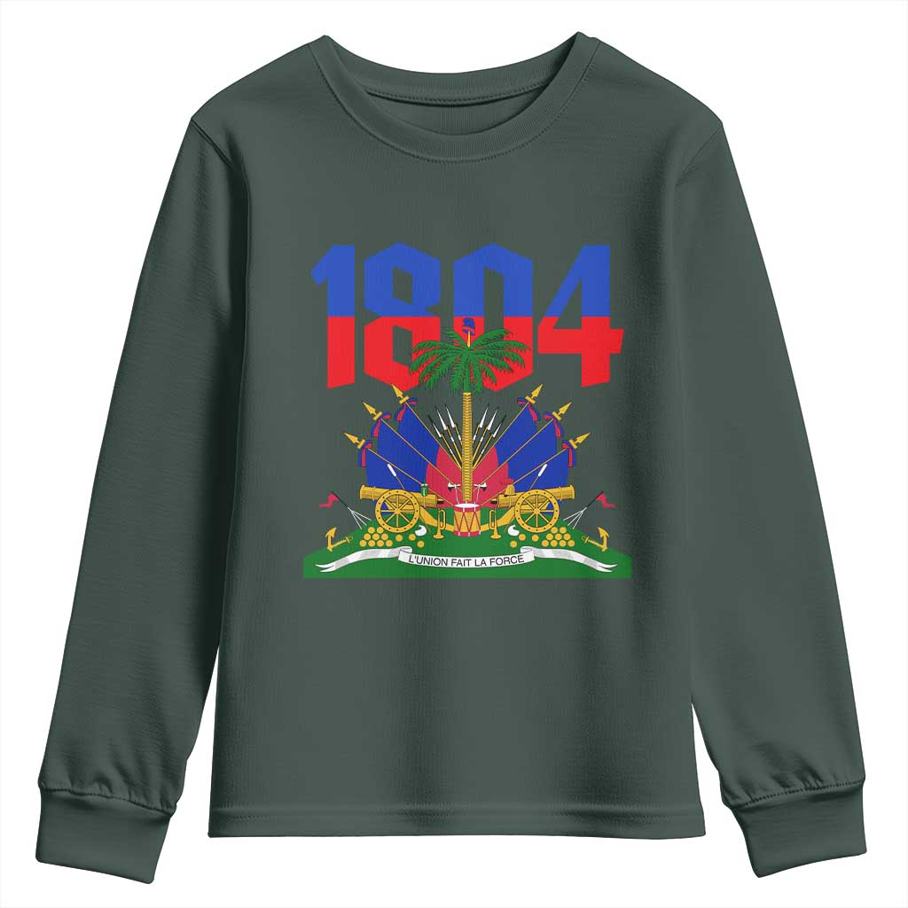 Haiti 1804 Independence Year Graphic Youth Sweatshirt Haitian Pride Coat of Arms National Heritage TS02 Dark Forest Green Print Your Wear