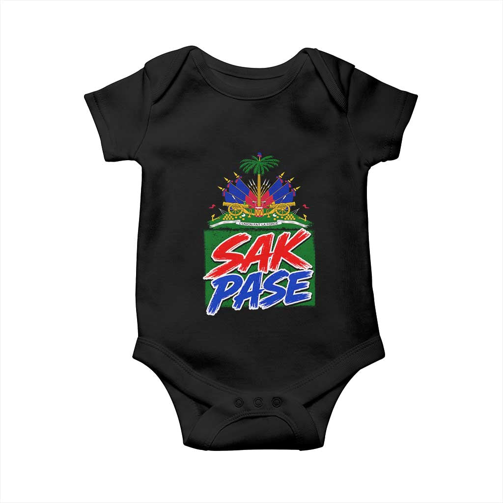 Sak Pase Haitian Creole Greeting Baby Onesie National Crest Cultural Haiti Pride TS02 Black Print Your Wear