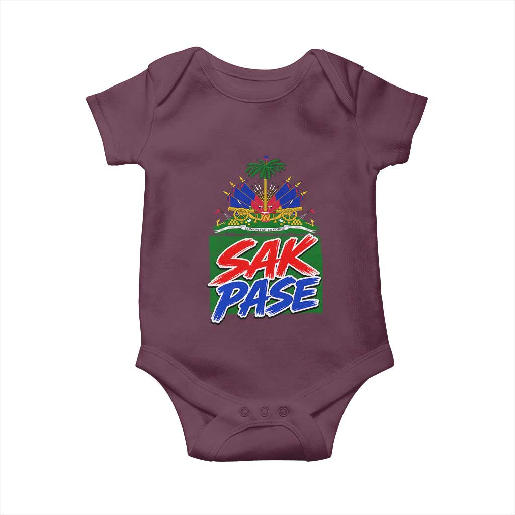 Sak Pase Haitian Creole Greeting Baby Onesie National Crest Cultural Haiti Pride TS02 Maroon Print Your Wear
