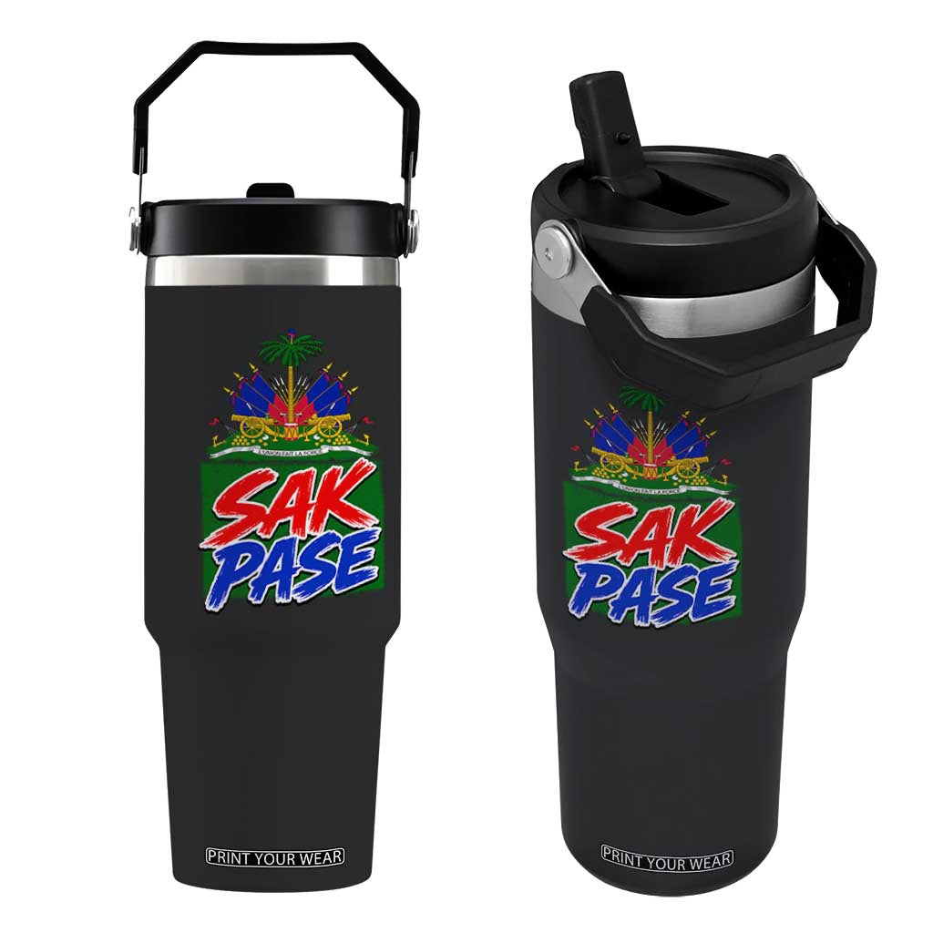 Sak Pase Haitian Creole Greeting Flip Straw Tumbler National Crest Cultural Haiti Pride TS02 One Size: 30 oz Black Print Your Wear