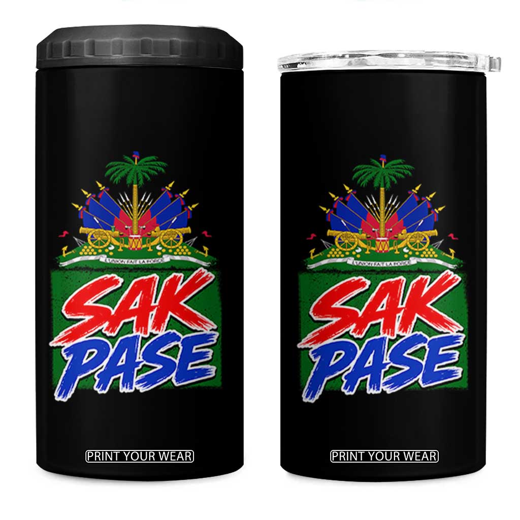 Sak Pase Haitian Creole Greeting 4 in 1 Can Cooler Tumbler National Crest Cultural Haiti Pride TS02 One Size: 16 oz Black Print Your Wear