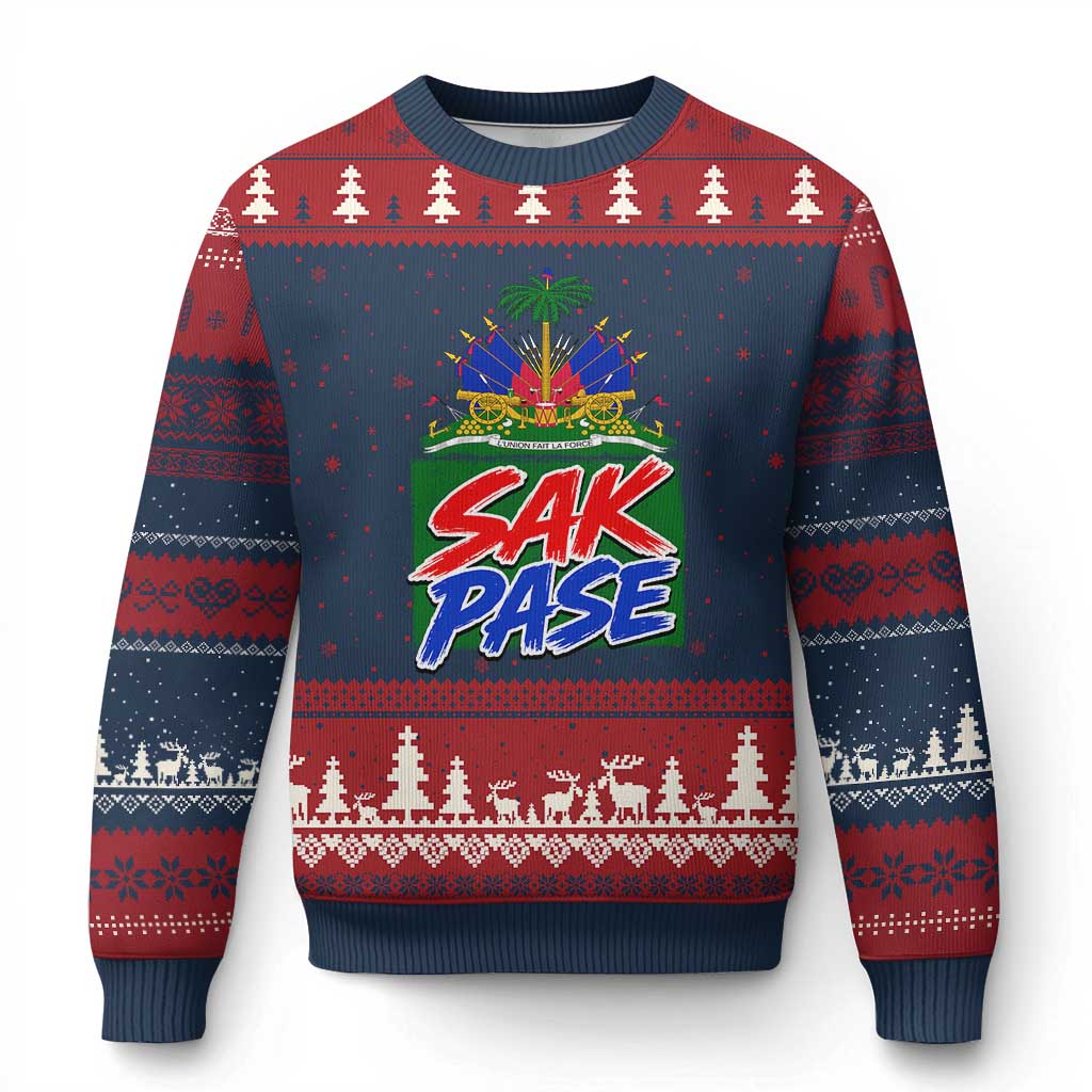 Sak Pase Haitian Creole Greeting Ugly Christmas Sweater National Crest Cultural Haiti Pride TS02 Navy Red Print Your Wear