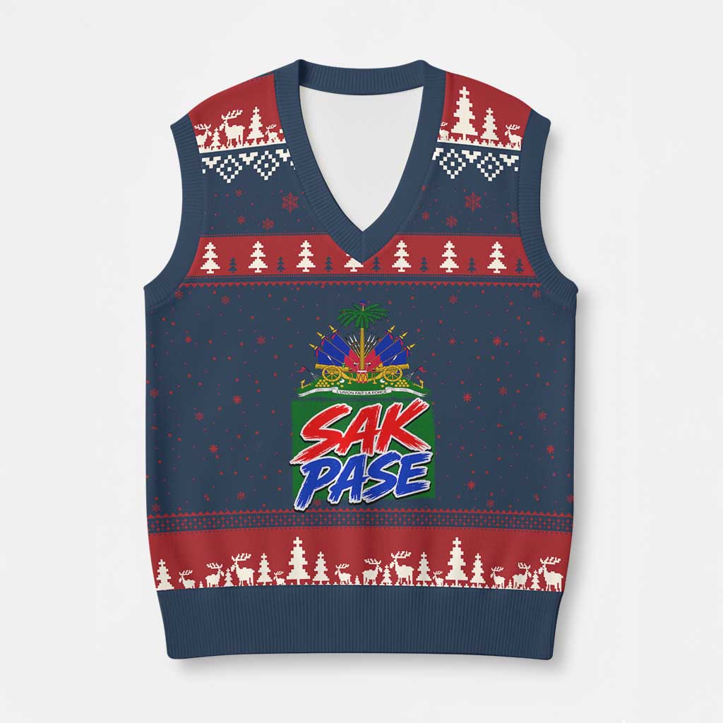 Sak Pase Haitian Creole Greeting V-Neck Knit Sweater Vest National Crest Cultural Haiti Pride TS02 Navy Red Print Your Wear