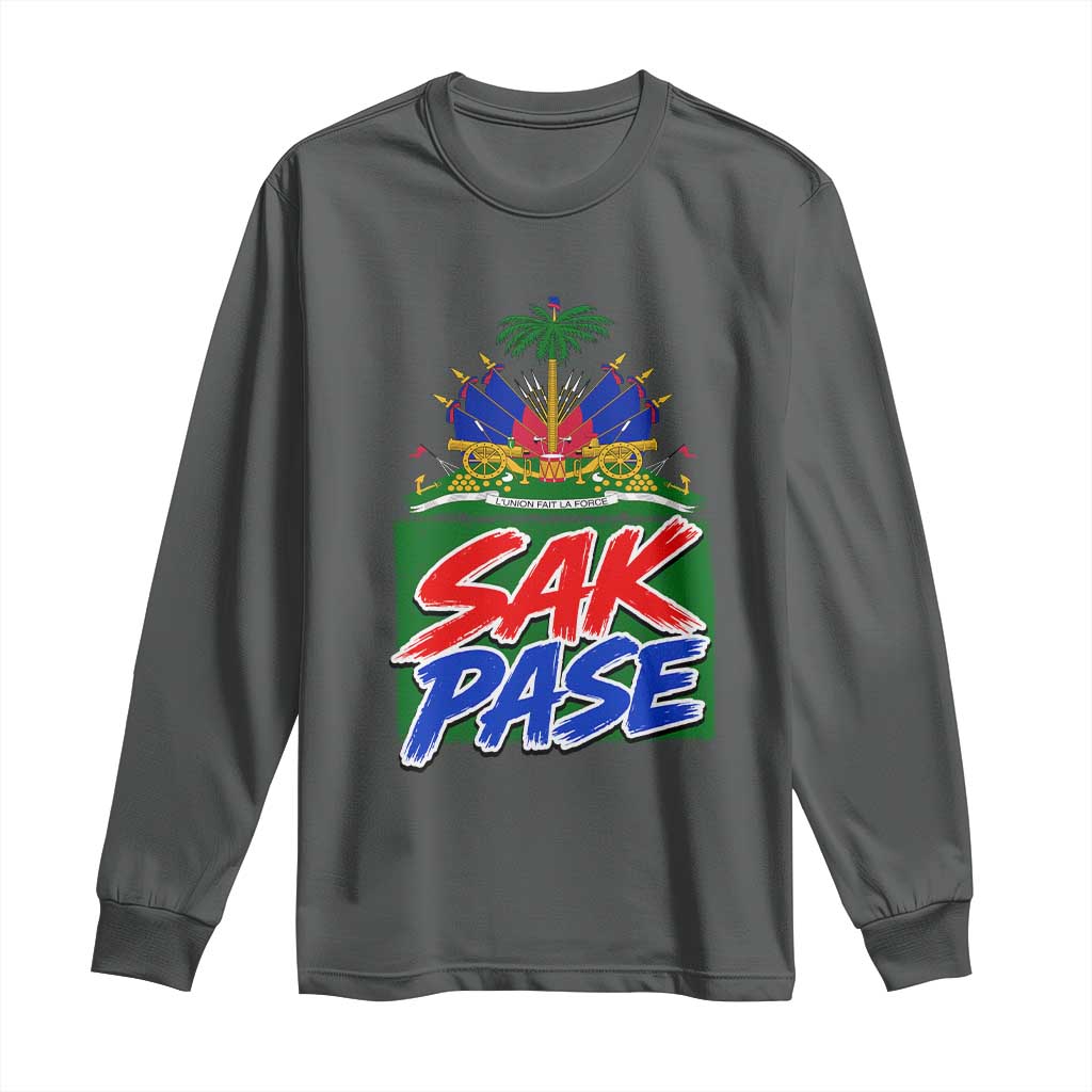 Sak Pase Haitian Creole Greeting Long Sleeve Shirt National Crest Cultural Haiti Pride TS02 Dark Heather Print Your Wear