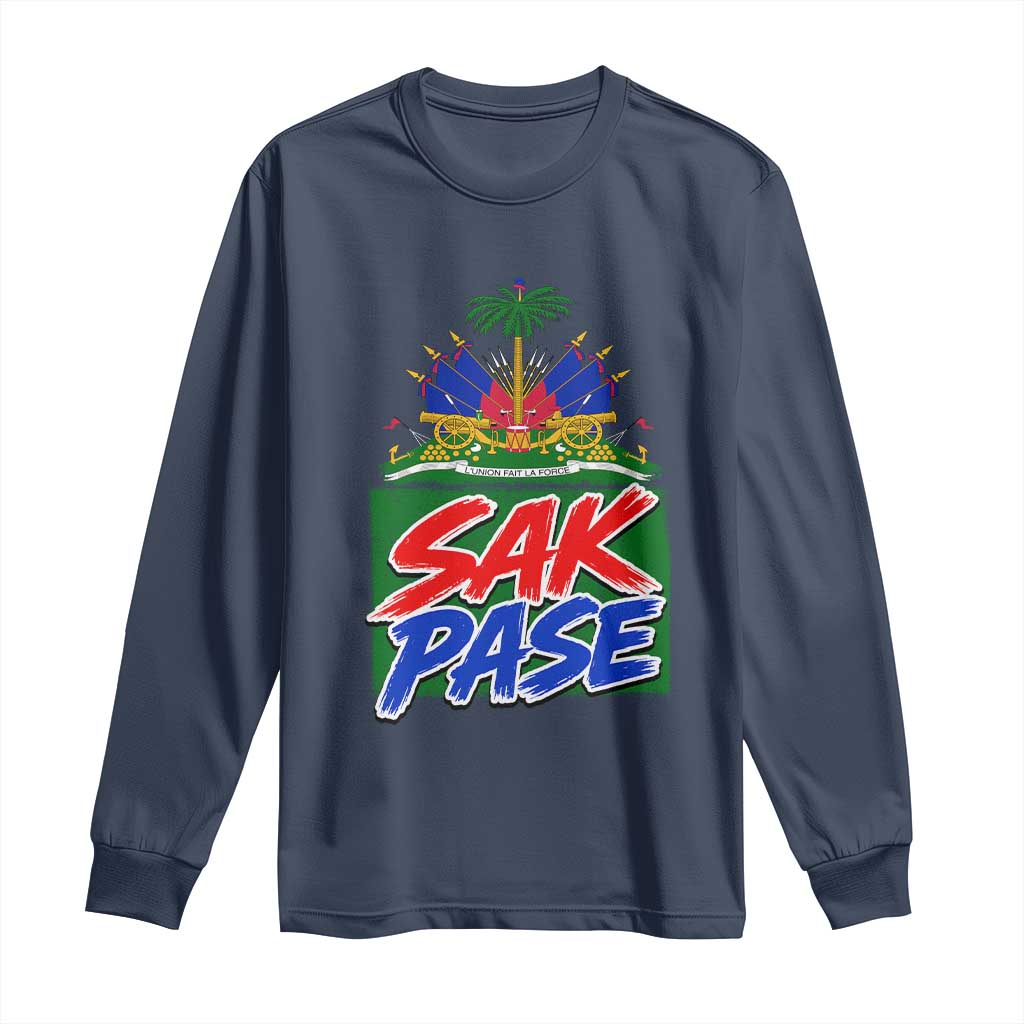 Sak Pase Haitian Creole Greeting Long Sleeve Shirt National Crest Cultural Haiti Pride TS02 Navy Print Your Wear