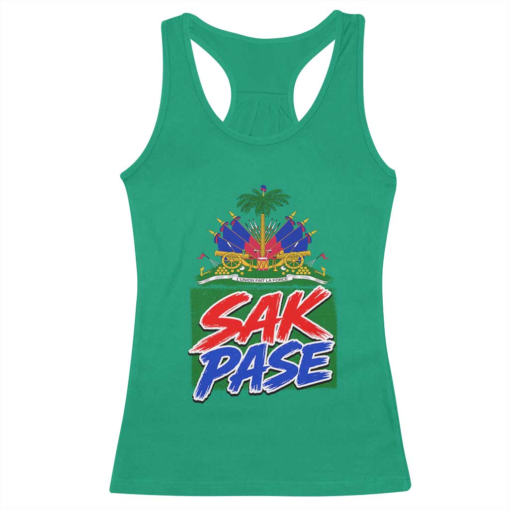 Sak Pase Haitian Creole Greeting Racerback Tank Top National Crest Cultural Haiti Pride TS02 Irish Green Print Your Wear