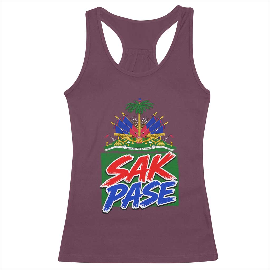 Sak Pase Haitian Creole Greeting Racerback Tank Top National Crest Cultural Haiti Pride TS02 Maroon Print Your Wear