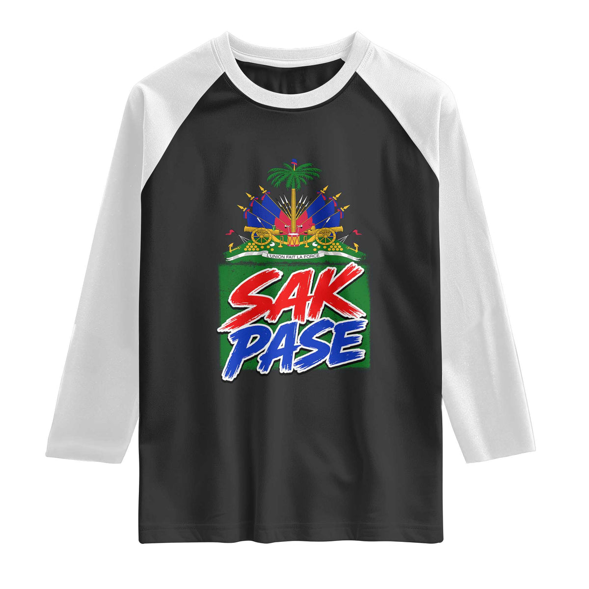 Sak Pase Haitian Creole Greeting Raglan Shirt National Crest Cultural Haiti Pride TS02 Black White Print Your Wear