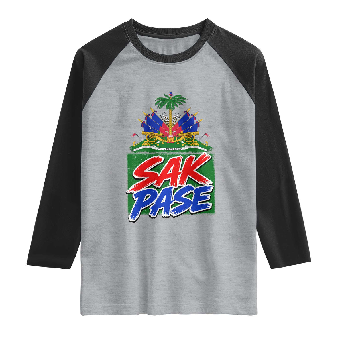 Sak Pase Haitian Creole Greeting Raglan Shirt National Crest Cultural Haiti Pride TS02 Heather Gray Black Print Your Wear