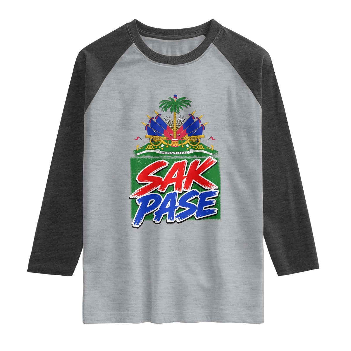 Sak Pase Haitian Creole Greeting Raglan Shirt National Crest Cultural Haiti Pride TS02 Heather Gray Heather Charcoal Print Your Wear