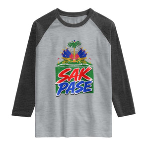Sak Pase Haitian Creole Greeting Raglan Shirt National Crest Cultural Haiti Pride TS02 Heather Gray Heather Charcoal Print Your Wear