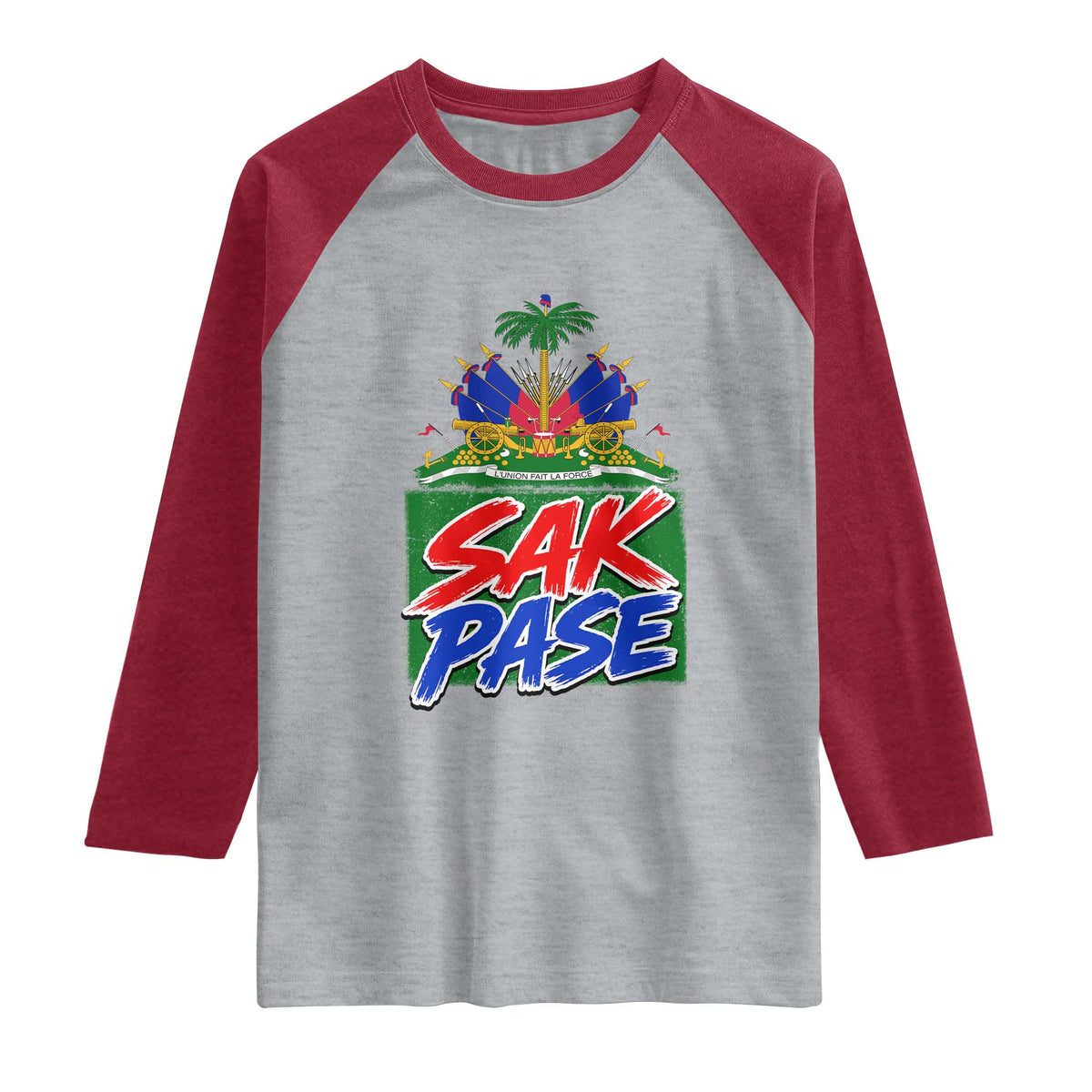 Sak Pase Haitian Creole Greeting Raglan Shirt National Crest Cultural Haiti Pride TS02 Heather Gray Heather Red Print Your Wear