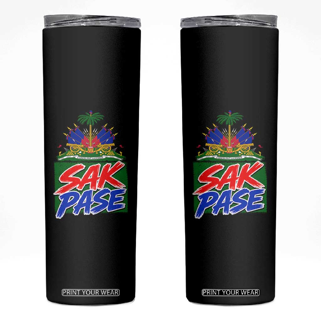 Sak Pase Haitian Creole Greeting Skinny Tumbler National Crest Cultural Haiti Pride TS02 Black Print Your Wear