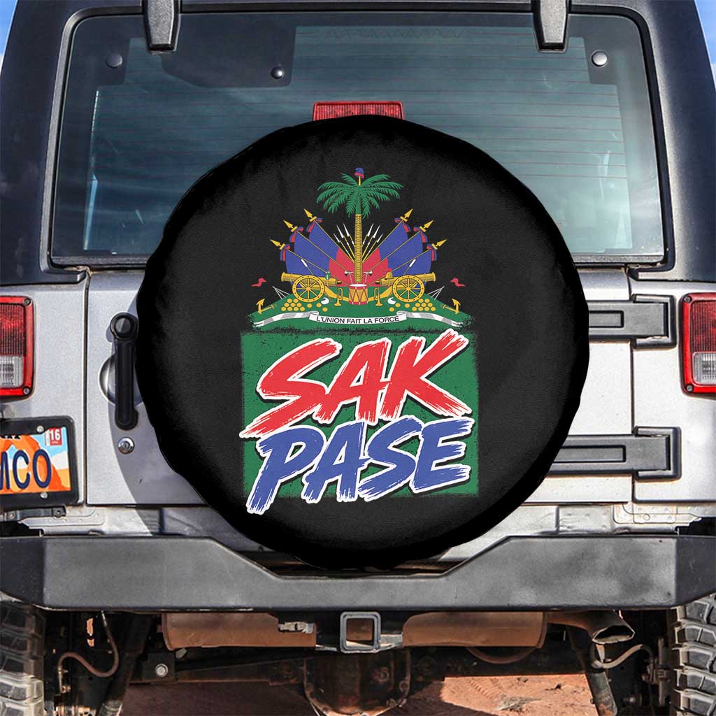 Sak Pase Haitian Creole Greeting Spare Tire Cover National Crest Cultural Haiti Pride TS02 No hole Black Print Your Wear