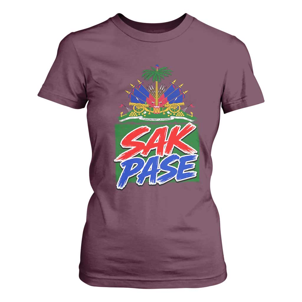 Sak Pase Haitian Creole Greeting T Shirt For Women National Crest Cultural Haiti Pride TS02 Maroon Print Your Wear