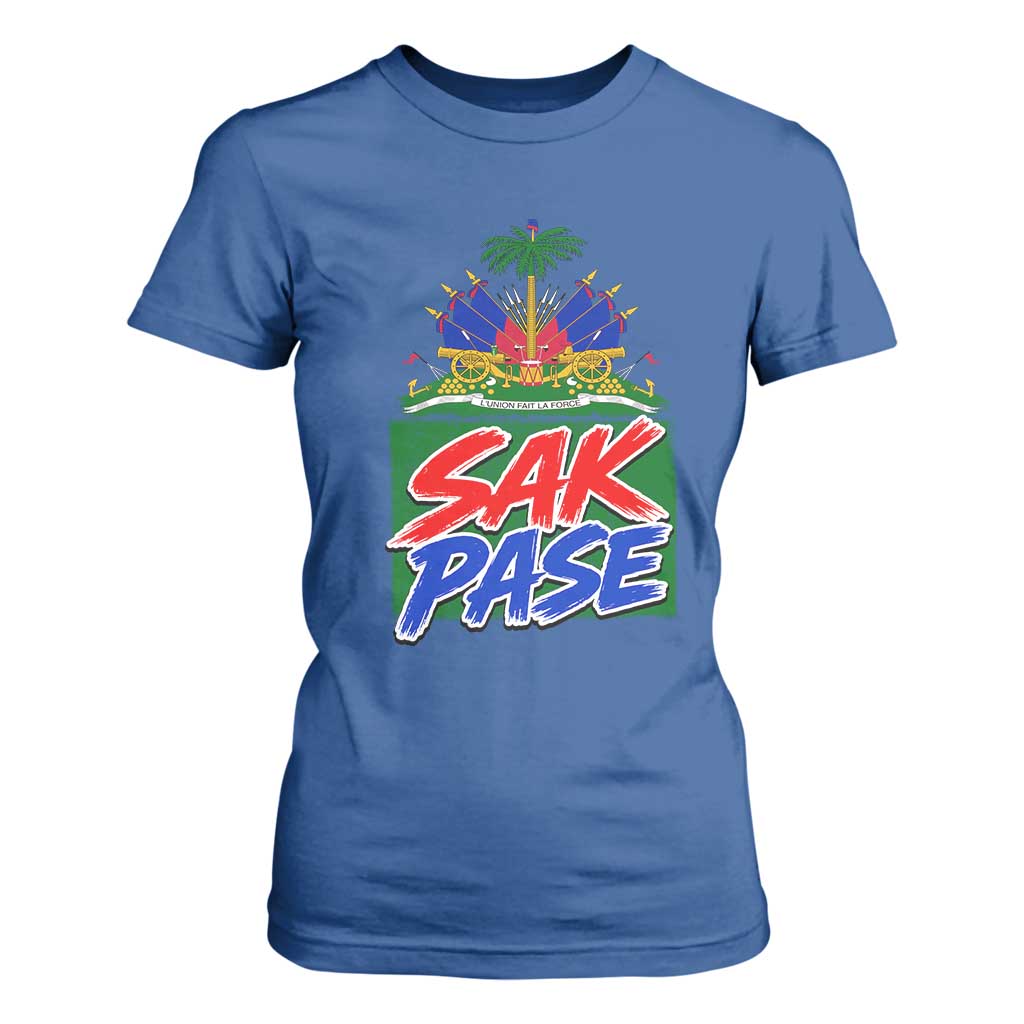 Sak Pase Haitian Creole Greeting T Shirt For Women National Crest Cultural Haiti Pride TS02 Royal Blue Print Your Wear