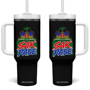 Sak Pase Haitian Creole Greeting Tumbler With Handle National Crest Cultural Haiti Pride TS02 One Size: 40 oz Black Print Your Wear