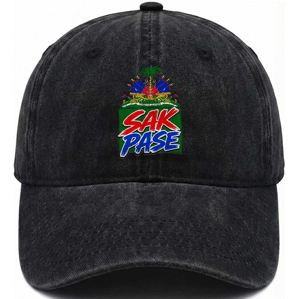 Sak Pase Haitian Creole Greeting Washed Cotton Baseball Cap National Crest Cultural Haiti Pride TS02 Print Your Wear