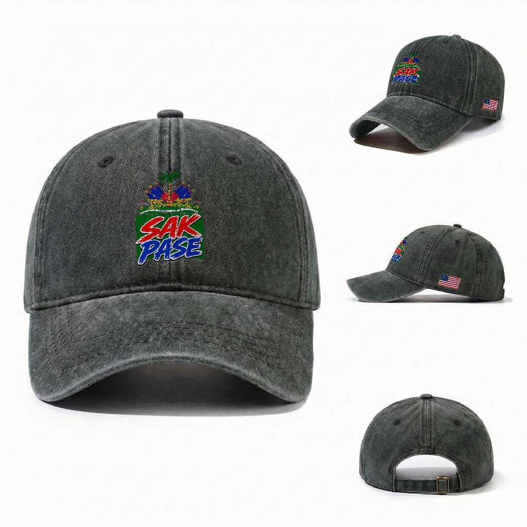 Sak Pase Haitian Creole Greeting Washed Cotton Baseball Cap National Crest Cultural Haiti Pride TS02 Washed Cap Universal Fit Dark Green Print Your Wear