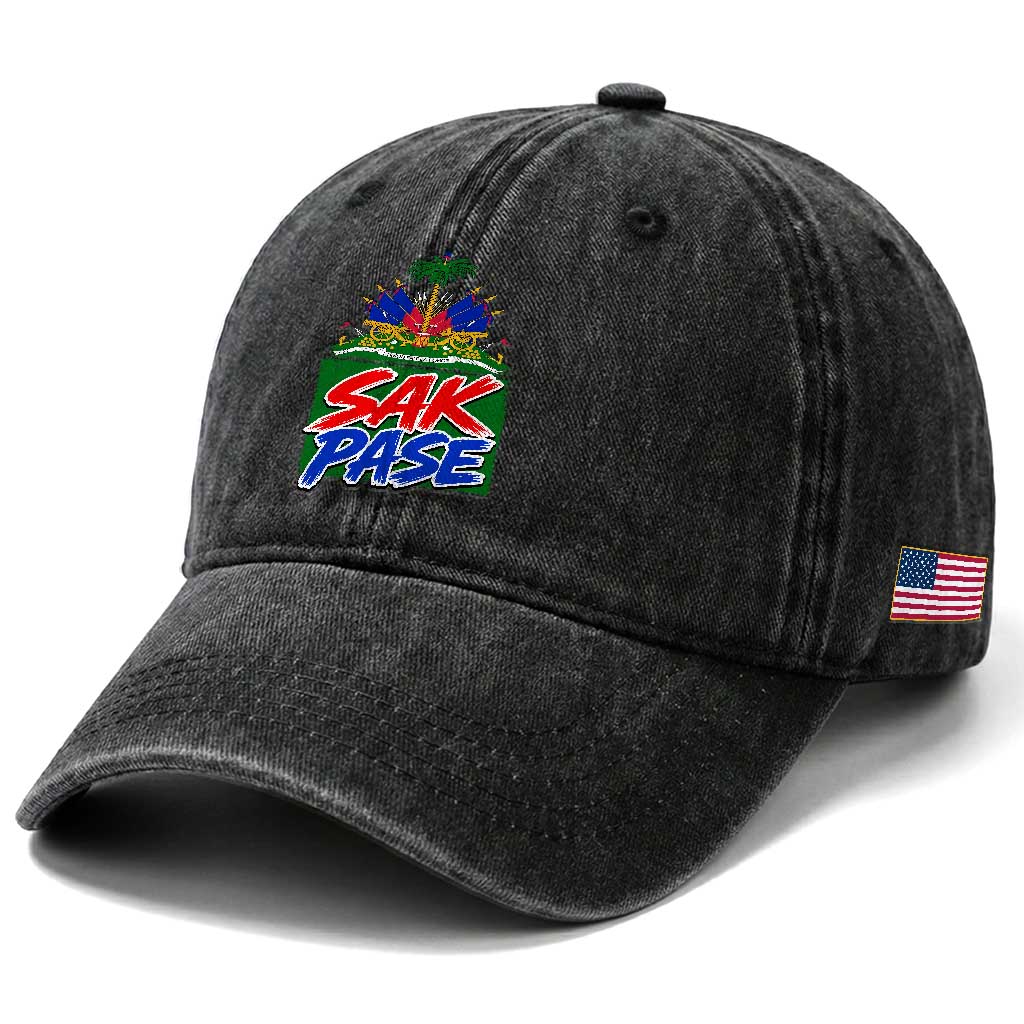 Sak Pase Haitian Creole Greeting Washed Cotton Baseball Cap National Crest Cultural Haiti Pride TS02 Print Your Wear