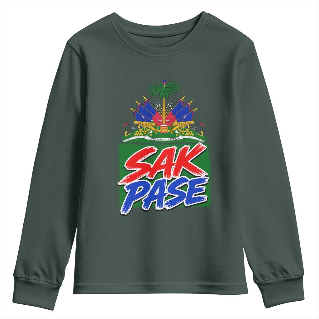 Sak Pase Haitian Creole Greeting Youth Sweatshirt National Crest Cultural Haiti Pride TS02 Dark Forest Green Print Your Wear