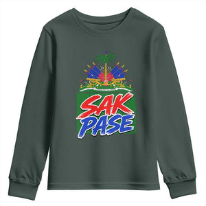 Sak Pase Haitian Creole Greeting Youth Sweatshirt National Crest Cultural Haiti Pride TS02 Dark Forest Green Print Your Wear