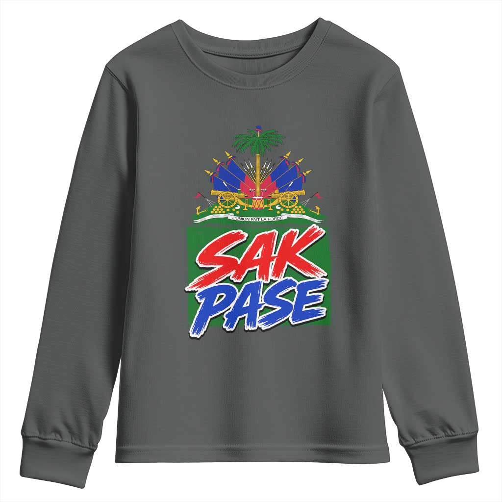 Sak Pase Haitian Creole Greeting Youth Sweatshirt National Crest Cultural Haiti Pride TS02 Dark Heather Print Your Wear