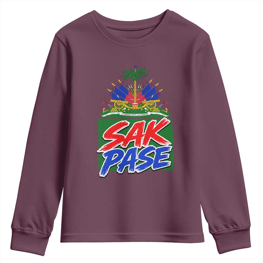 Sak Pase Haitian Creole Greeting Youth Sweatshirt National Crest Cultural Haiti Pride TS02 Maroon Print Your Wear