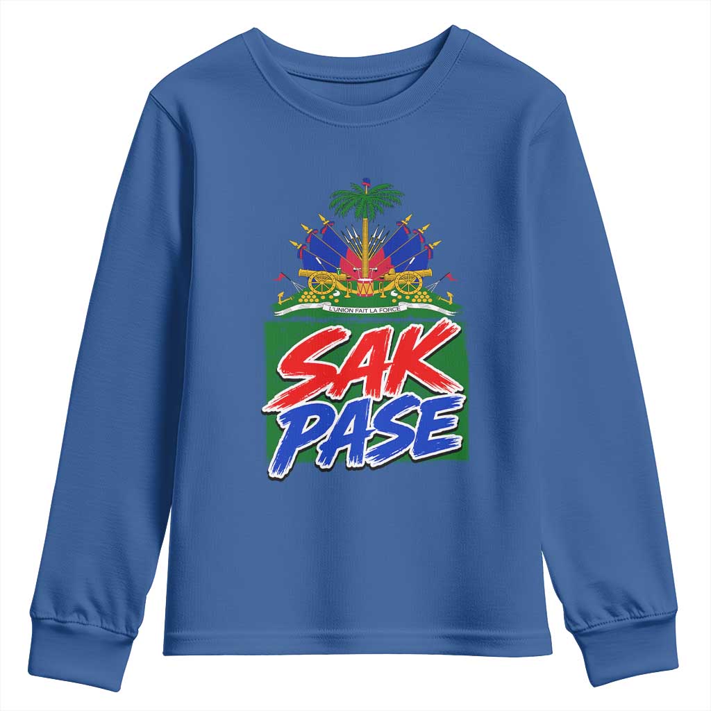 Sak Pase Haitian Creole Greeting Youth Sweatshirt National Crest Cultural Haiti Pride TS02 Royal Blue Print Your Wear