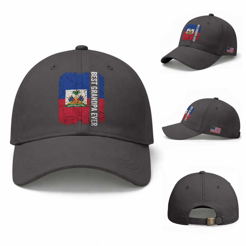 Best Grandpa Ever Haitian Granpapa Baseball Cap Vintage Distressed Haiti Flag Father's Day TS02 Baseball Cap Universal Fit Dark Gray Print Your Wear