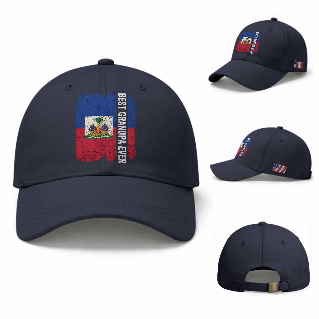 Best Grandpa Ever Haitian Granpapa Baseball Cap Vintage Distressed Haiti Flag Father's Day TS02 Baseball Cap Universal Fit Navy Print Your Wear