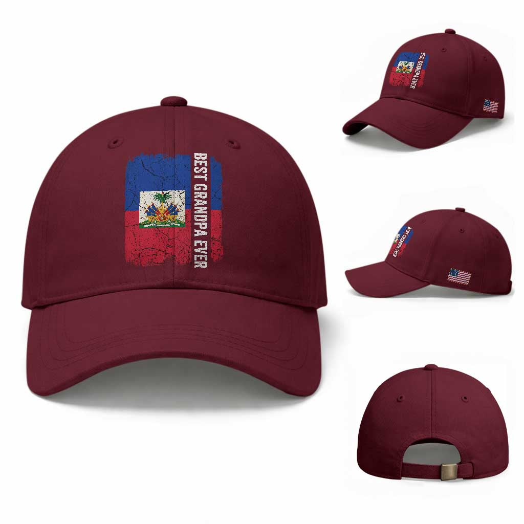 Best Grandpa Ever Haitian Granpapa Baseball Cap Vintage Distressed Haiti Flag Father's Day TS02 Baseball Cap Universal Fit Maroon Print Your Wear