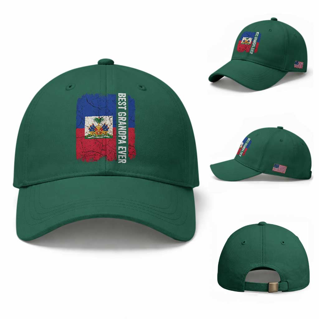 Best Grandpa Ever Haitian Granpapa Baseball Cap Vintage Distressed Haiti Flag Father's Day TS02 Baseball Cap Universal Fit Irish Green Print Your Wear