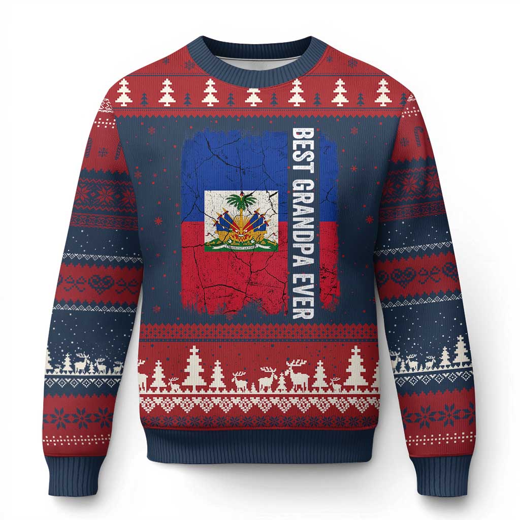 Best Grandpa Ever Haitian Granpapa Ugly Christmas Sweater Vintage Distressed Haiti Flag Father's Day TS02 Navy Red Print Your Wear