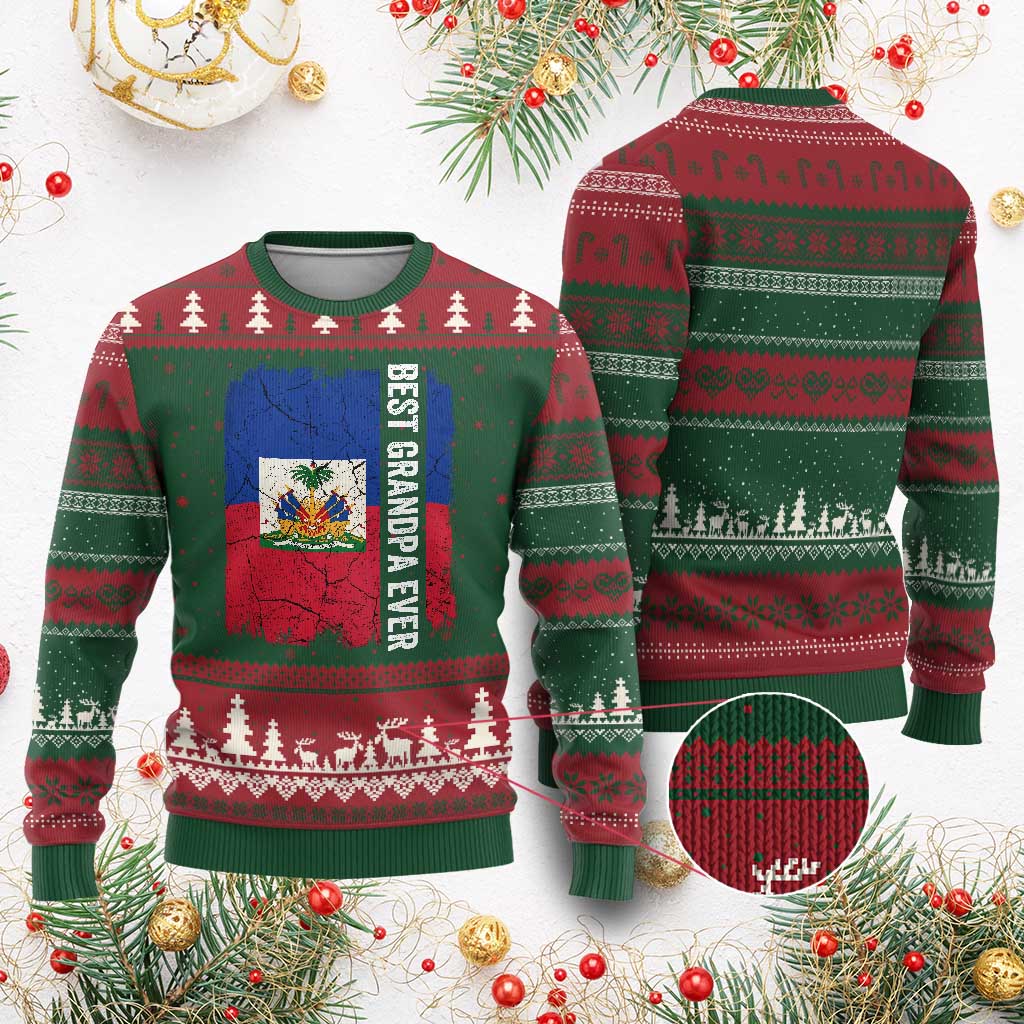 Best Grandpa Ever Haitian Granpapa Ugly Christmas Sweater Vintage Distressed Haiti Flag Father's Day TS02 Red Green Print Your Wear