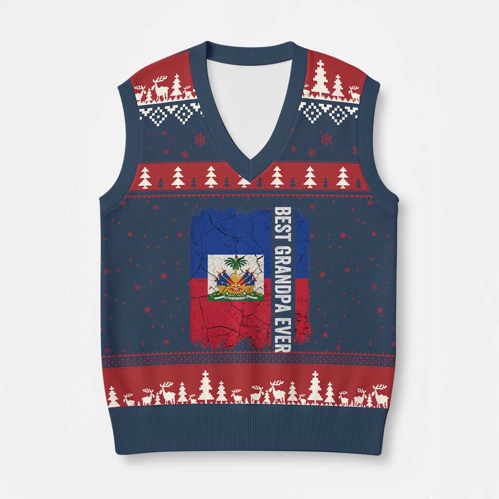 Best Grandpa Ever Haitian Granpapa V-Neck Knit Sweater Vest Vintage Distressed Haiti Flag Father's Day TS02 Navy Red Print Your Wear