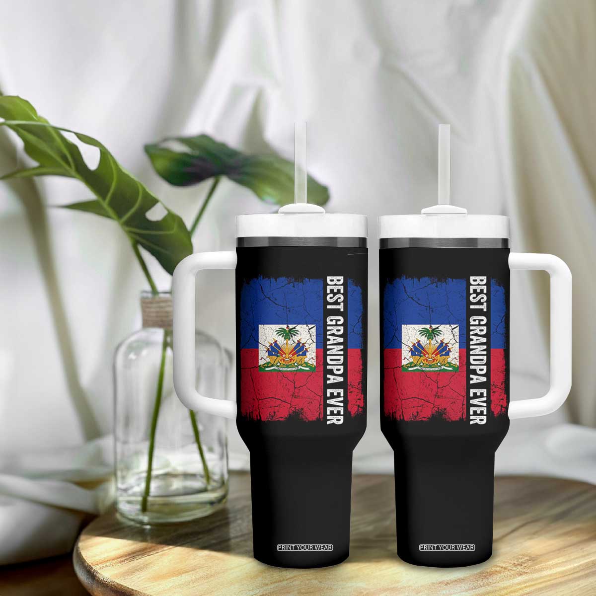 Best Grandpa Ever Haitian Granpapa Tumbler With Handle Vintage Distressed Haiti Flag Father's Day TS02 Print Your Wear