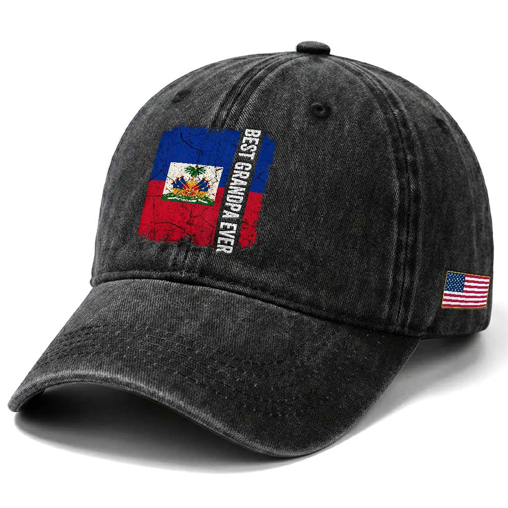 Best Grandpa Ever Haitian Granpapa Washed Cotton Baseball Cap Vintage Distressed Haiti Flag Father's Day TS02 Print Your Wear