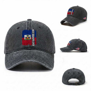 Best Grandpa Ever Haitian Granpapa Washed Cotton Baseball Cap Vintage Distressed Haiti Flag Father's Day TS02 Washed Cap Universal Fit Dark Gray Print Your Wear