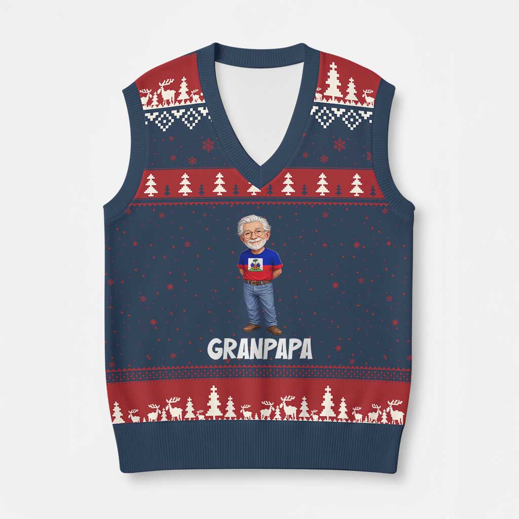 Granpapa Haitian Creole Grandpa Pride V-Neck Knit Sweater Vest Grandfather Hispanic Haiti Heritage Father's Day TS02 Navy Red Print Your Wear
