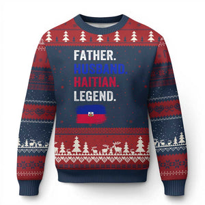 Father Husband Haitian Legend Ugly Christmas Sweater Distressed Haiti Flag Dad Gift Father's Day TS02 Navy Red Print Your Wear