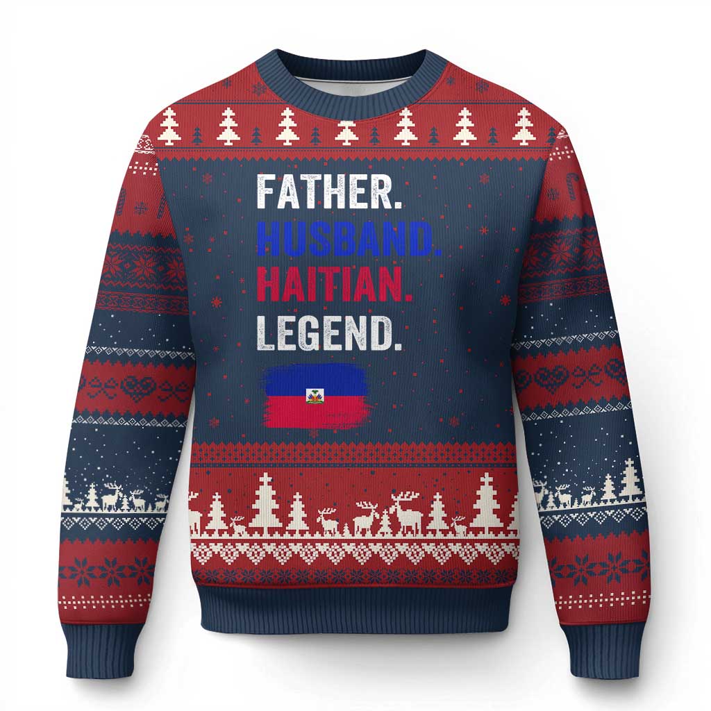 Father Husband Haitian Legend Ugly Christmas Sweater Distressed Haiti Flag Dad Gift Father's Day TS02 Navy Red Print Your Wear