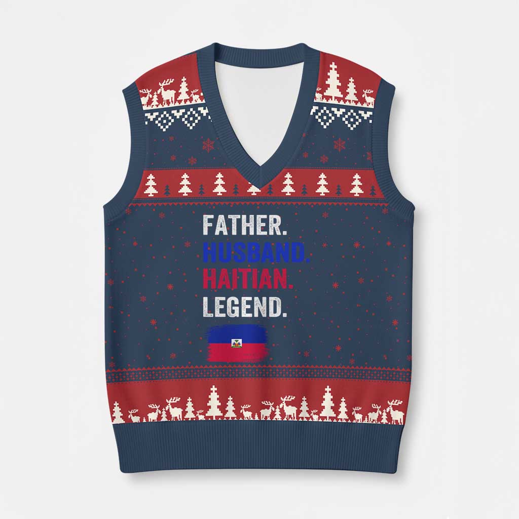Father Husband Haitian Legend V-Neck Knit Sweater Vest Distressed Haiti Flag Dad Gift Father's Day TS02 Navy Red Print Your Wear