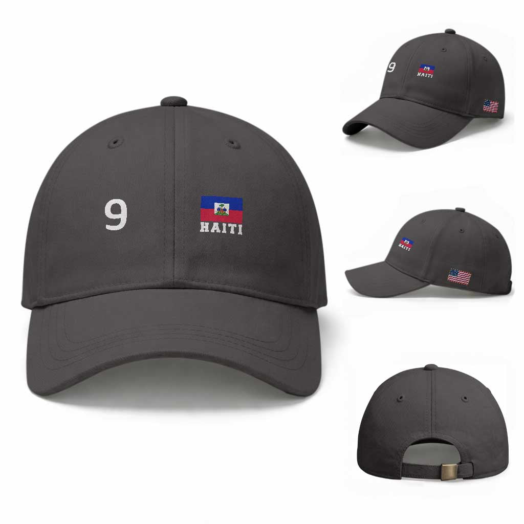 Haiti Soccer Jersey Style Number 9 Graphic Baseball Cap Haitian Flag Football Sports Fan TS02 Baseball Cap Universal Fit Dark Gray Print Your Wear