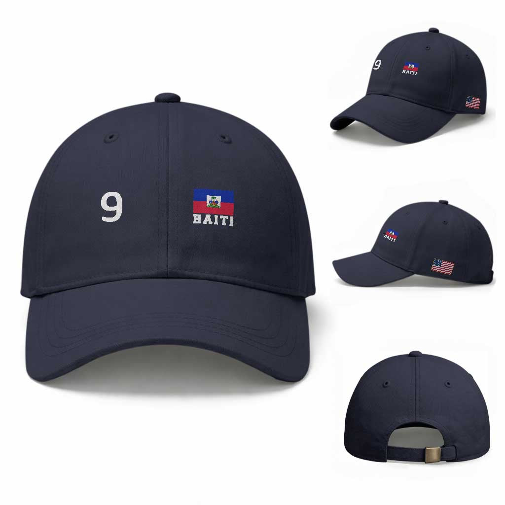 Haiti Soccer Jersey Style Number 9 Graphic Baseball Cap Haitian Flag Football Sports Fan TS02 Baseball Cap Universal Fit Navy Print Your Wear