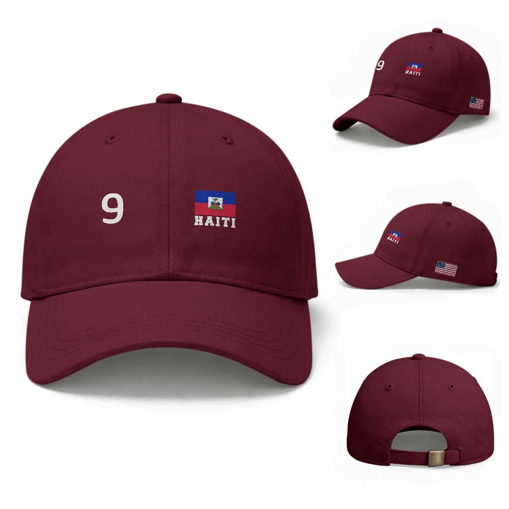Haiti Soccer Jersey Style Number 9 Graphic Baseball Cap Haitian Flag Football Sports Fan TS02 Baseball Cap Universal Fit Maroon Print Your Wear
