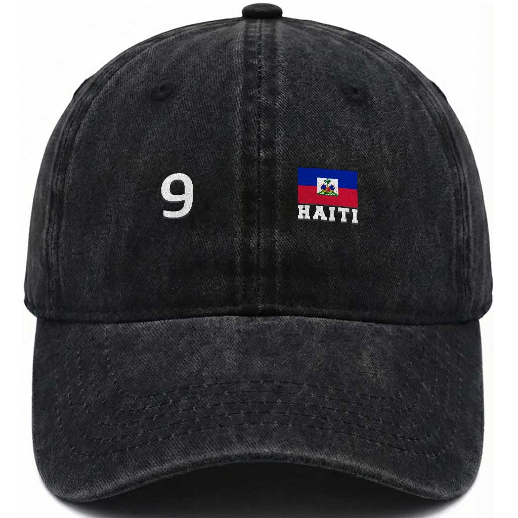 Haiti Soccer Jersey Style Number 9 Graphic Washed Cotton Baseball Cap Haitian Flag Football Sports Fan TS02 Print Your Wear