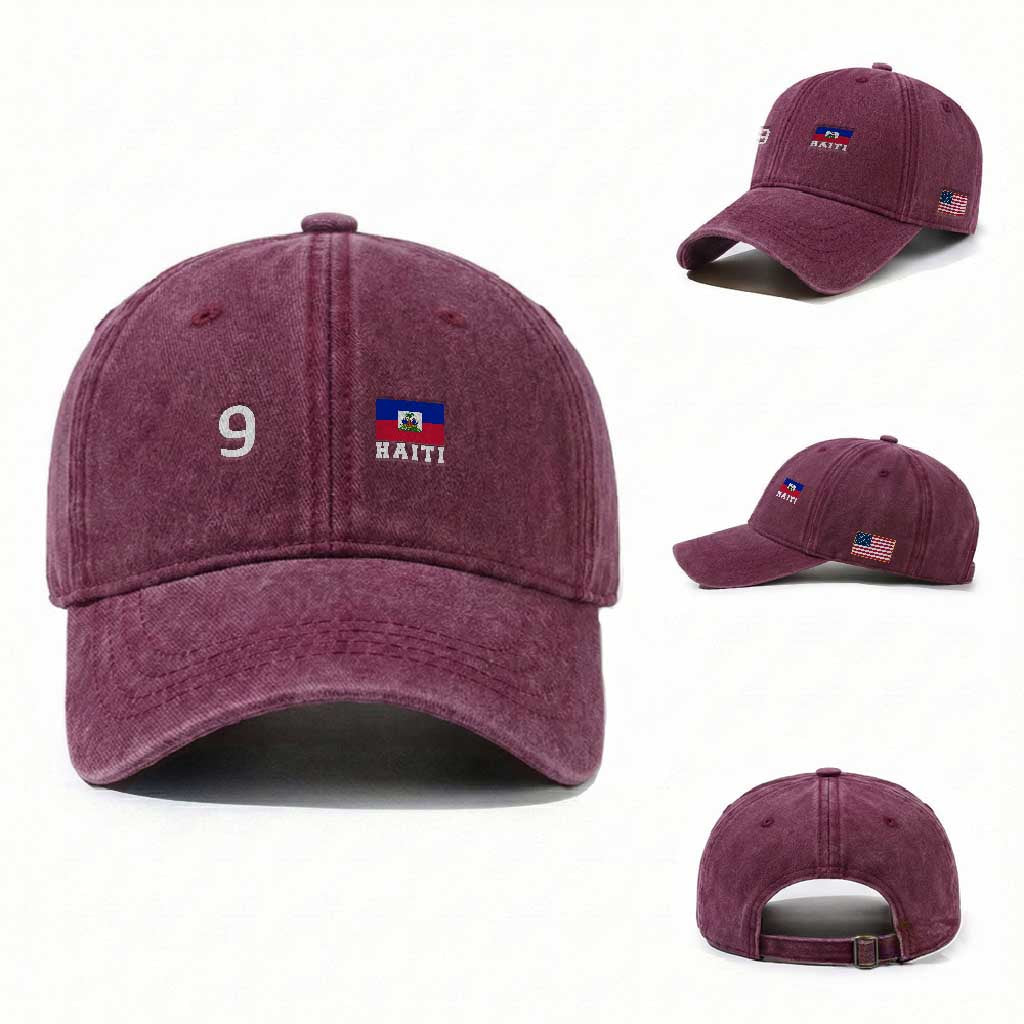 Haiti Soccer Jersey Style Number 9 Graphic Washed Cotton Baseball Cap Haitian Flag Football Sports Fan TS02 Washed Cap Universal Fit Burgundy Print Your Wear