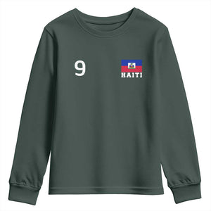 Haiti Soccer Jersey Style Number 9 Graphic Youth Sweatshirt Haitian Flag Football Sports Fan TS02 Dark Forest Green Print Your Wear
