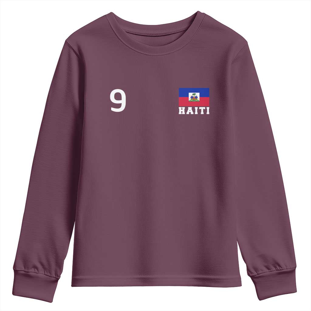 Haiti Soccer Jersey Style Number 9 Graphic Youth Sweatshirt Haitian Flag Football Sports Fan TS02 Maroon Print Your Wear